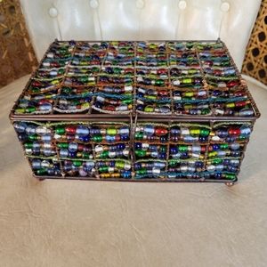 BEAUTIFUL Vintage Beaded Jewelry Box Copper Tone Colored Glass Beads Handmade